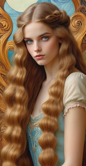 1 Girl, the temptation of sweet pleasure with a hint of guilt, hyperrealism (8K, raw photo, highest quality, masterpiece: 1.2), fantasy art, natural skin texture, long hair, detailed Art Nouveau background.