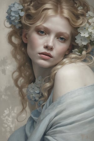 A captivatingly beautiful goddess (albino) with blonde hair loosely tied in a bun falling down at the nape of her neck. Dressed in an elegant light blue linen embroidered dress revealing a beautiful neckline. Hydrangeas in her hair. Cinematic lighting, incredibly detailed, realistic, figurative painting with intricate details