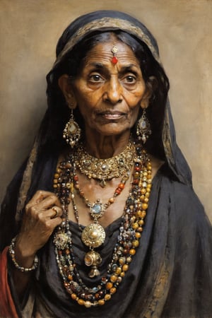 John Singer Sargent's artwork, Rembrandt's lighting style, portrait in oil painting. Beautiful portrait of an old Hindu beggar woman with lots of jewelry. Detailed face and beautiful, huge eyes.
Mastery of painting.
