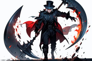 man using coat and dark era style and eyes heterochromia and using hat and white haired and using flaming cape and scythe and axe in white background