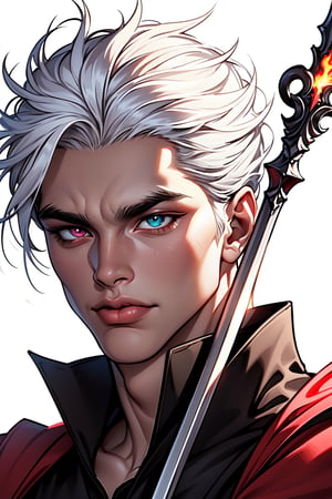 man with white haired and heterochromia eyes and using flaming cape and spear in white background