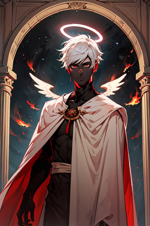 male fallen arch angel with white haired and red eyes and using flaming cape and halo