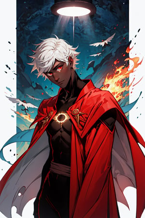 male fallen arch angel with white haired and red eyes and using flaming cape and halo