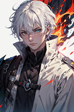 man with white haired and eyes heterochromia and using flaming cape and trech coat in white background