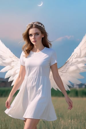 18, (((masterpiece))), (((complex details))), (((best quality))), 8K, 16K, high resolution, ultra realistic photo, studio photo, eye focus, detailed eyes, beautiful eyes, blue eyes, unique eyes, Instagram photos, full-length portrait, full-body view, young girl with large white wings spread out, (((large wings ))), (((bright white wings))), angel girl, 28 years old, light brown shoulder-length hair, flowing hair, beautiful Russian face, wide cheekbones, natural makeup, slim figure, small breasts, slim waist, wide hips, without underwear,(((dressed ONLY in a knee-length T-shirt))), (((long white T-shirt fits the body))), (((knee-length T-shirt))), against the background of a destroyed, burning city, a lot of fire, smoke, explosions