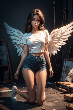 18, (((masterpiece))), (((complex details))), (((best quality))), 8K, 16K, high resolution, ultra realistic photo, studio photo, eye focus, detailed eyes, beautiful eyes, blue eyes, unique eyes, Instagram photos, full-length portrait, full-body view, young girl with large white wings spread out, (((large wings ))), (((bright white wings))), angel girl, 28 years old, light brown shoulder-length hair, flowing hair, beautiful Russian face, wide cheekbones, natural makeup, slim figure, small breasts, slim waist, wide hips, without underwear,(((dressed ONLY in a knee-length T-shirt))), (((long white T-shirt fits the body))), (((knee-length T-shirt))), against the background of a destroyed, burning city, a lot of fire, smoke, explosions