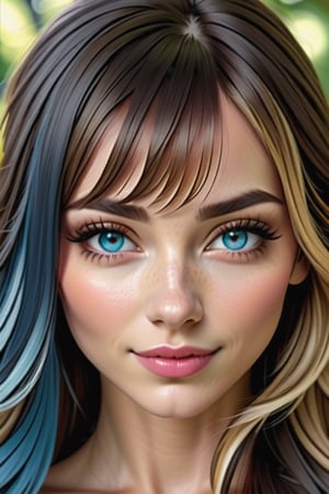 (best quality, 4k, 8k, highres, masterpiece:1.2), ultra-detailed, (realistic, photorealistic, photo-realistic:1.37), woman, full body, detailed face and hand, beautiful detailed eyes, cute smile,  ( best quality, 4k, 8k, 16k, high resolution, masterpiece:1.2), over-detailed, (realistic, photorealistic, photorealistic-realistic:1.37),  close-up of the face, looking into the camera, looking straight, girl, 27 years old, Russian girl, (((blonde))), very light  hair, (((bangs))), long slightly curly hair, angular face, high forehead, thick dark eyebrows, wide cheekbones, small nose, a little upturned nose, blue eyes, symmetrical eyes, beautiful detailed eyes, sweet smile, pronounced nasolabial triangle, pink lips, open smile, beautiful smile, dreamy face, natural makeup, open neck, open shoulders, white thin T-shirt, small neat breasts, beautiful breasts, fashionable instagram influencer, studio lighting, studio light,against the background of a forest lake, coniferous forest, clear water, small ripples, summer, blue sky,