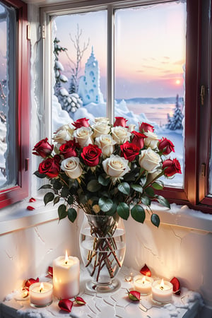 ultra-realistic, 8K, optimal composition, a bouquet of white with a red border on rose petals, white and red roses, half-opened buds, a beautiful bouquet, many roses, lighted candles next to it, against the background of a frozen window