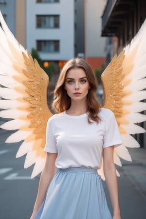 18, (((masterpiece))), (((complex details))), (((best quality))), 8K, 16K, high resolution, ultra realistic photo, studio photo, eye focus, detailed eyes, beautiful eyes, blue eyes, unique eyes, Instagram photos, full-length portrait, full-body view, young girl with large white wings spread out, (((large wings ))), (((bright white wings))), angel girl, 28 years old, light brown shoulder-length hair, flowing hair, beautiful Russian face, wide cheekbones, natural makeup, slim figure, small breasts, slim waist, wide hips, without underwear,(((dressed ONLY in a knee-length T-shirt))), (((long white T-shirt fits the body))), (((knee-length T-shirt))), against the background of a destroyed, burning city, a lot of fire, smoke, explosions