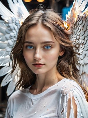 18, (((masterpiece))), (((complex details))), (((best quality))), 8K, 16K, high resolution, ultra realistic photo, studio photo, eye focus, detailed eyes, beautiful eyes, blue eyes, unique eyes, Instagram photos, full-length portrait, full-body view, young girl with large white wings spread out, (((large wings ))), (((bright white wings))), angel girl, 28 years old, light brown shoulder-length hair, flowing hair, beautiful Russian face, wide cheekbones, natural makeup, slim figure, small breasts, slim waist, wide hips, without underwear,(((dressed ONLY in a knee-length T-shirt))), (((long white T-shirt fits the body))), (((knee-length T-shirt))), against the background of a destroyed, burning city, a lot of fire, smoke, explosions