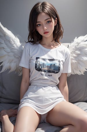 18, (((masterpiece))), (((complex details))), (((best quality))), 8K, 16K, high resolution, ultra realistic photo, studio photo, eye focus, detailed eyes, beautiful eyes, blue eyes, unique eyes, Instagram photos, full-length portrait, full-body view, young girl with large white wings spread out, (((large wings ))), (((bright white wings))), angel girl, 28 years old, light brown shoulder-length hair, flowing hair, beautiful Russian face, wide cheekbones, natural makeup, slim figure, small breasts, slim waist, wide hips, without underwear,(((dressed ONLY in a knee-length T-shirt))), (((long white T-shirt fits the body))), (((knee-length T-shirt))), against the background of a destroyed, burning city, a lot of fire, smoke, explosions