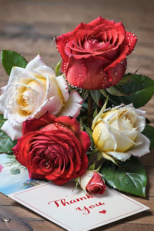 3 red-white roses, bright colors, beautiful roses, a half-opened bud, drops of water on the petals, lies on a postcard, Russian Russian postcard, inscription in Russian (((thank you)))