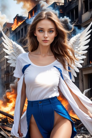 18, (((masterpiece))), (((complex details))), (((best quality))), 8K, 16K, high resolution, ultra realistic photo, studio photo, eye focus, detailed eyes, beautiful eyes, blue eyes, unique eyes, Instagram photos, full-length portrait, full-body view, young girl with large white wings spread out, angel girl, 28 years old, light brown shoulder-length hair, flowing hair, beautiful Russian face, wide cheekbones, natural makeup, slender figure, small breasts, slim waist, wide hips, no underwear, (((long white T-shirt hugs the body))), (((T-shirt to the hips))), against the background of a destroyed, burning city, a lot of fire, smoke, explosions