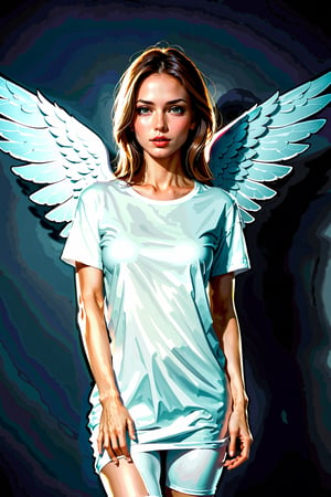 18, (((masterpiece))), (((complex details))), (((best quality))), 8K, 16K, high resolution, ultra realistic photo, studio photo, eye focus, detailed eyes, beautiful eyes, blue eyes, unique eyes, Instagram photos, full-length portrait, full-body view, young girl with large white wings spread out, (((large wings ))), (((bright white wings))), angel girl, 28 years old, light brown shoulder-length hair, flowing hair, beautiful Russian face, wide cheekbones, natural makeup, slim figure, small breasts, slim waist, wide hips, without underwear,(((dressed ONLY in a knee-length T-shirt))), (((long white T-shirt fits the body))), (((knee-length T-shirt))), against the background of a destroyed, burning city, a lot of fire, smoke, explosions