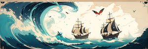 Poster design, tri-fold, Robinson Crusoe, bow deck, sailor, adventure, big waves, lightning, flying bugs, drifting to strange island, natives, witch doctor,highres