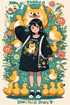 Clothing design, poster design, trend, Shiba Inu, chicks, many small animals, ducklings, bubbles, illustrations, exquisite, center focus, love, cute,cat,free style,cartoon