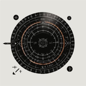 Card design, round icon, with mathematical fields (ruler, protractor, arithmetic) in the middle of the circle, white background