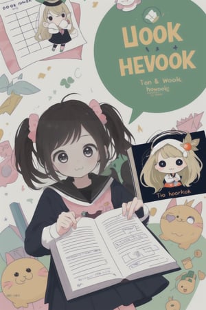 Book cover, workbook, homework sign-in, cute, book, design, (there are two cute students in the middle writing homework, handing in the homework and reviewing carefully),chibi,kawaii,tonghuazhen,portrait