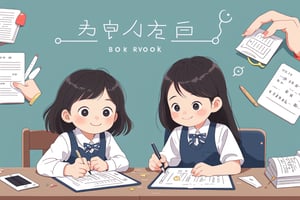 Book cover, left and right spread workbook, homework sign-in, cute, book, design, (there are two cute students in the middle writing homework, 1 male and 1 female, handing in the homework and reviewing carefully)