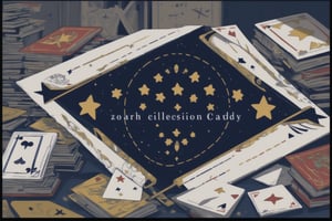 Card design, with a five-pointed star in the middle of the screen, collection point cards, and many books in the background