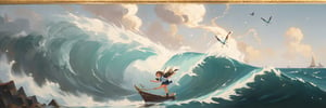 Poster design, tri-fold, Robinson Crusoe, bow deck, sailor, adventure, big waves, lightning, flying bugs,oil painting,classic painting,1 girl