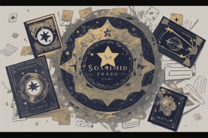 Card design, with a five-pointed star in the middle of the screen, collection point cards, and books surrounding it