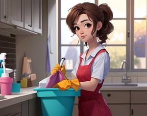 image of full body woman doing cleaning, medium build, beautiful brown hair, black eyes, well-defined facial features, dressed in clothes to do cleaning at home