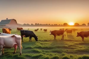 in the foreground Background image of a sunrise on a farm with crops and animals: cows, pigs, horses.