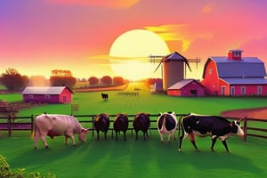 in the foreground Background image of a sunrise on a farm with crops and animals: cows, pigs, horses.,aw0k euphoric style