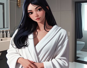 image of woman in full body, medium build, beautiful long black hair, black eyes, dressed in white bathrobe, with very shiny white bathroom and blue floor background image