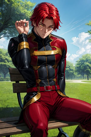 High detailed ,Color magic,bondage outfit,SaltBaeMeme,salt
In the park sitting on a bench
Thoughtful
red hair golden eyes young