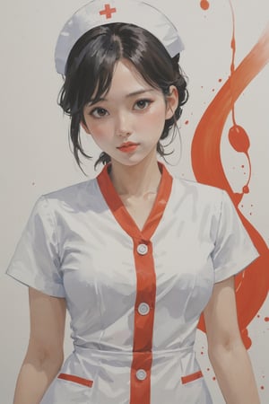 (Best quality, High quality, masterpiece, Gouache painting, ligne_claire, Illustration), (Negative Spaces, Brush strokes, Abstract, Impression), 1 Girl, korean Nurse, sexy Nurse Costume, korean, Upper body, White costume