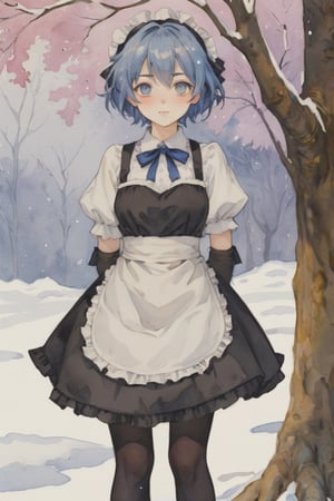 (Best quality, High quality, masterpiece, Watercolor painting, ligne_claire, Anime Illustration), ((stylized art style, painted by Egon Schiele and Rembrandt and Gustave Dorè)), 1girl, apron, bare tree, black ribbon, blue hair, branch, detached collar, detached sleeves, flower, forest, frilled sleeves, frills, hair ornament, hair over one eye, looking at viewer, maid, maid headdress, medium breasts, nature, outdoors, rem \(re:zero\), ribbon, roswaal mansion maid uniform, short hair, snow, snowflakes, solo, standing, thighhighs, tree, waist apron, white apron, white legwear, winter, wisteria, x hair ornament