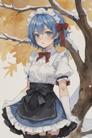 (Best quality, High quality, masterpiece, Watercolor painting, ligne_claire, Anime Illustration), ((stylized art style, painted by Egon Schiele and Rembrandt and Gustave Dorè)), 1girl, apron, bare tree, black ribbon, blue hair, branch, detached collar, detached sleeves, flower, forest, frilled sleeves, frills, hair ornament, hair over one eye, looking at viewer, maid, maid headdress, medium breasts, nature, outdoors, rem \(re:zero\), ribbon, roswaal mansion maid uniform, short hair, snow, snowflakes, solo, standing, thighhighs, tree, waist apron, white apron, white legwear, winter, wisteria, x hair ornament