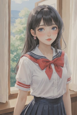 (Best quality, High quality, masterpiece, Watercolor painting, fairytale, ligne_claire, realistic, Illustration), rating:safe, 1girl, skirt, long_hair, red_eyes, solo, earrings, blue_eyes, sailor_collar, black_hair, pleated_skirt, jewelry, school_uniform, black_skirt, heterochromia, serafuku, looking_at_viewer, short_sleeves, indoors, neckerchief, window, floating_hair, shirt, red_neckwear, white_shirt, standing, bangs, closed_mouth, petals, blush, black_sailor_collar, holding, cowboy_shot, multicolored_hair, eyebrows_visible_through_hair