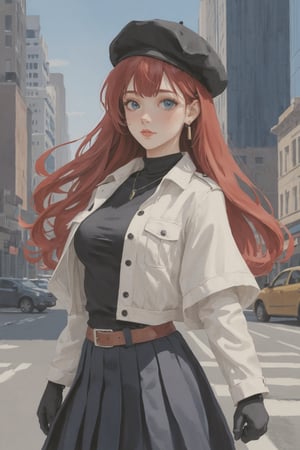 (Best quality, High quality, masterpiece, Gouache painting, Semi realistic, ligne_claire, Illustration, Watercolor), rating:safe, 1girl, multicolored_hair, black_hair, gloves, hat, blue_eyes, jacket_on_shoulders, breasts, heterochromia, solo, beret, long_hair, cleavage, red_hair, white_gloves, jacket, skirt, red_eyes, streaked_hair, looking_at_viewer, pleated_skirt, outdoors, city, belt, standing, building, cowboy_shot, cape, black_headwear, jewelry, bangs, white_skirt, medium_breasts, sidelocks, earrings, black_jacket, dress, eyebrows_visible_through_hair, bag, blush, day, cityscape, peaked_cap, car, two-tone_hair, long_sleeves, closed_mouth