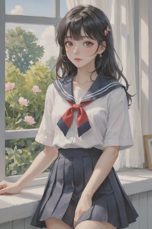 (Best quality, High quality, masterpiece, Watercolor painting, fairytale, ligne_claire, realistic, Illustration), rating:safe, 1girl, skirt, long_hair, red_eyes, solo, earrings, blue_eyes, sailor_collar, black_hair, pleated_skirt, jewelry, school_uniform, black_skirt, heterochromia, serafuku, looking_at_viewer, short_sleeves, indoors, neckerchief, window, floating_hair, shirt, red_neckwear, white_shirt, standing, bangs, closed_mouth, petals, blush, black_sailor_collar, holding, cowboy_shot, multicolored_hair, eyebrows_visible_through_hair