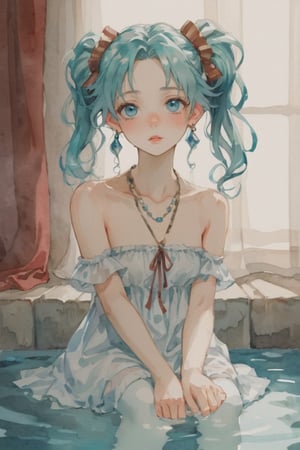 (Best quality, High quality, masterpiece, Watercolor painting, ligne_claire, Anime, Anime Illustration), ((stylized art style, painted by Egon Schiele and Rembrandt and Gustave Dorè)), 1 girl, 1girl, aqua eyes, aqua hair, bare shoulders, curtains, dress, hatsune miku, jewelry, lips, long hair, necklace, partially submerged, pool, see-through, sitting, solo, strapless, twintails, very long hair, water, waterfall, wet