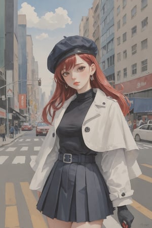 (Best quality, High quality, masterpiece, Gouache painting, Semi realistic, ligne_claire, Illustration, Watercolor), rating:safe, 1girl, multicolored_hair, black_hair, gloves, hat, blue_eyes, jacket_on_shoulders, breasts, heterochromia, solo, beret, long_hair, cleavage, red_hair, white_gloves, jacket, skirt, red_eyes, streaked_hair, looking_at_viewer, pleated_skirt, outdoors, city, belt, standing, building, cowboy_shot, cape, black_headwear, jewelry, bangs, white_skirt, medium_breasts, sidelocks, earrings, black_jacket, dress, eyebrows_visible_through_hair, bag, blush, day, cityscape, peaked_cap, car, two-tone_hair, long_sleeves, closed_mouth