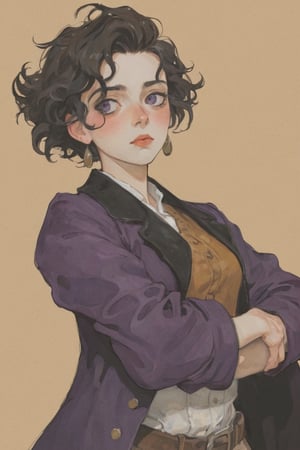 (Best quality, High quality, masterpiece, Watercolor painting, ligne_claire, Anime Illustration), ((stylized art style, painted by Egon Schiele and Rembrandt and Gustave Dorè)), 1girl, black hair, blurry, blurry background, coat, cowboy shot, hair ornament, long sleeves, mole, mole under eye, multicolored hair, outstretched arm, outstretched arms, purple eyes, purple hair, purple theme, solo, sombra \(overwatch\)