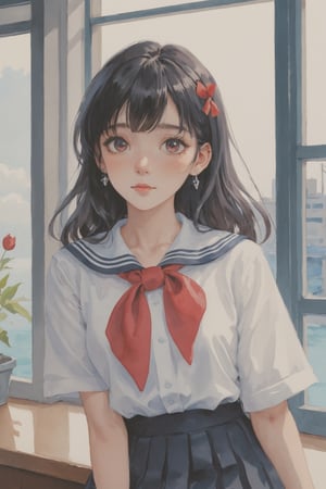 (Best quality, High quality, masterpiece, Watercolor painting, fairytale, ligne_claire, realistic, Illustration), rating:safe, 1girl, skirt, long_hair, red_eyes, solo, earrings, blue_eyes, sailor_collar, black_hair, pleated_skirt, jewelry, school_uniform, black_skirt, heterochromia, serafuku, looking_at_viewer, short_sleeves, indoors, neckerchief, window, floating_hair, shirt, red_neckwear, white_shirt, standing, bangs, closed_mouth, petals, blush, black_sailor_collar, holding, cowboy_shot, multicolored_hair, eyebrows_visible_through_hair