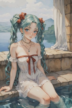 (Best quality, High quality, masterpiece, Watercolor painting, ligne_claire, Anime, Anime Illustration), ((stylized art style, painted by Egon Schiele and Rembrandt and Gustave Dorè)), 1 girl, 1girl, aqua eyes, aqua hair, bare shoulders, breasts, curtains, dress, hatsune miku, jewelry, lips, long hair, necklace, partially submerged, pool, realistic, see-through, sitting, solo, strapless, twintails, very long hair, water, waterfall, wet