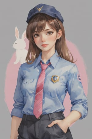 (Best quality, High quality, masterpiece, Watercolor painting, ligne_claire, Illustration), 1girl, animal print, arm at side, bangs, black pants, blue necktie, blue shirt, breast pocket, breasts, brown eyes, brown hair, bunny print, buttons, collared shirt, cowboy shot, d.va \(overwatch\), dress shirt, emblem, facepaint, facial mark, female service cap, gloves, gradient, gradient background, hand up, hat, jacket, lips, logo, long hair, long sleeves, looking at viewer, medium breasts, name tag, necktie, nose, official alternate costume, pants, parted lips, pink lips, pocket, salute, shi