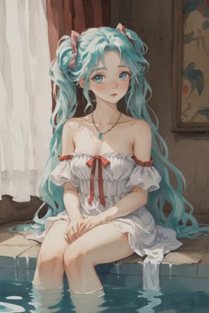 (Best quality, High quality, masterpiece, Watercolor painting, ligne_claire, Anime, Anime Illustration), ((stylized art style, painted by Egon Schiele and Rembrandt and Gustave Dorè)), 1 girl, 1girl, aqua eyes, aqua hair, bare shoulders, breasts, curtains, dress, hatsune miku, jewelry, lips, long hair, necklace, partially submerged, pool, realistic, see-through, sitting, solo, strapless, twintails, very long hair, water, waterfall, wet