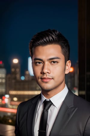 Envision a scene where a 23-year-old Indonesian and European crossbreed gentleman stands outside a building, (full body shoot), dressed in an exquisite black suit paired with a striking red tie. The mesmerizing backdrop features a cityscape illuminated by the vibrant lights of the night, creating a captivating atmosphere.

In this ultra-detailed (full body shoot) and photorealistic photo studio shoot, the gentleman is perfectly captured from head to toe. The plain white background is brilliantly lit with bright white lighting, ensuring no interference from yellow light. The image is a masterpiece rated at 1.5, displaying the best quality, extreme realism, and meticulous nuances. Every detail is razor-sharp, with a focus on the handsome gentleman's face, which is perfect, slightly muscular, and radiates masculinity.

Imagine the subject's attributes: standing at a height of 180 cm, fit, with light brown skin that complements his Asian skintone. His black hair, neatly parted to the left, adds an element of sophistication, along with freckles, dark brown eyes, a mischievous smile, and an oval face with slightly chubby features.

The camera settings employed to capture this vibrant and detailed image include the Canon EOS 5D Mark IV, equipped with an 85mm f/1.8 lens, set at f/4.0, ISO 100, and a shutter speed of 1/500 sec. The result is an extremely realistic portrayal, showcasing the handsome man against the enchanting backdrop of a city bathed in the glow of nighttime lights.