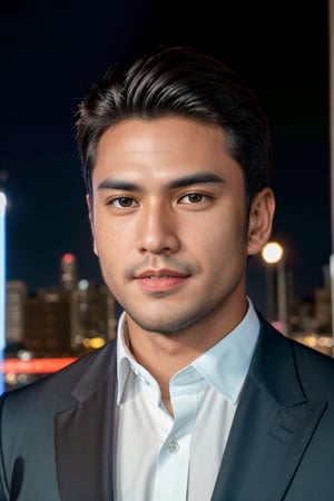 Envision a scene where a 23-year-old Indonesian and European crossbreed gentleman stands outside a building, dressed in an exquisite black suit paired with a striking red tie. The mesmerizing backdrop features a cityscape illuminated by the vibrant lights of the night, creating a captivating atmosphere.

In this ultra-detailed (full body shot) and photorealistic photo studio shoot, the gentleman is perfectly captured from head to toe. The plain white background is brilliantly lit with bright white lighting, ensuring no interference from yellow light. The image is a masterpiece rated at 1.5, displaying the best quality, extreme realism, and meticulous nuances. Every detail is razor-sharp, with a focus on the handsome gentleman's face, which is perfect, slightly muscular, and radiates masculinity.

Imagine the subject's attributes: standing at a height of 180 cm, fit, with light brown skin that complements his Asian skintone. His black hair, neatly parted to the left, adds an element of sophistication, along with freckles, dark brown eyes, a mischievous smile, and an oval face with slightly chubby features.

The camera settings employed to capture this vibrant and detailed image include the Canon EOS 5D Mark IV, equipped with an 85mm f/1.8 lens, set at f/4.0, ISO 100, and a shutter speed of 1/500 sec. The result is an extremely realistic portrayal, showcasing the handsome man against the enchanting backdrop of a city bathed in the glow of nighttime lights.