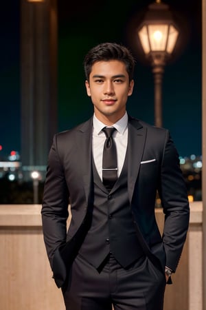 Transport yourself into the world of a 23-year-old Indonesian and European crossbreed gentleman preparing for a photoshoot. Picture him dressed in a sharp black suit paired with a striking red tie, standing against the backdrop of a dazzling cityscape at night. The ultra-detailed full-body shot, captured in a photorealistic studio setting, features a plain white background illuminated by bright white lighting, ensuring no yellow light interferes.

Marvel at the meticulous craftsmanship of this masterpiece, rated at 1.5, showcasing the best quality and extreme realism. Every detail is razor-sharp, with a focus on the handsome gentleman's face, which is perfect, slightly muscular, and exudes masculinity.

Visualize the subject's attributes: standing at a height of 180 cm, fit, with light brown skin that complements his Asian skintone. His black hair, neatly parted to the left, adds an element of sophistication, along with freckless, dark brown eyes, a mischievous smile, and an oval face with slightly chubby features.

The camera settings for this vibrant and detailed image include the Canon EOS 5D Mark IV, equipped with an 85mm f/1.8 lens, set at f/4.0, ISO 100, and a shutter speed of 1/500 sec. The result is an extremely realistic portrayal, capturing the essence of a handsome man against the enchanting backdrop of a city bathed in the glow of nighttime lights.