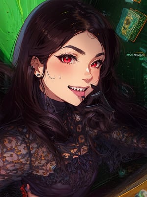 Captured from a high-angle perspective, a medium-sized Asian woman with long dark hair, wearing a black lace dress, adorned with silver earrings. Her lips are painted a vibrant shade of red, adding a pop of color to her face. Her eyes are a deep brown, and her eyebrows are a lighter shade of brown. The backdrop, a dark green wall, is adorned with a white square sticker with a black design, adding depth to the composition.