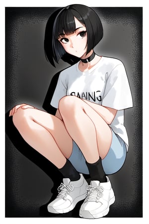 a medium-sized Asian woman with short black hair, wearing a white t-shirt with the words "LET'S TAKE TIME ONE STEP AT" written in black letters. She is wearing a pair of black and white sneakers, black socks, and a black choker around her neck. The woman's hair is styled in a bob, adding a pop of color to the scene. The background is a stark white, creating a stark contrast to the woman's outfit.