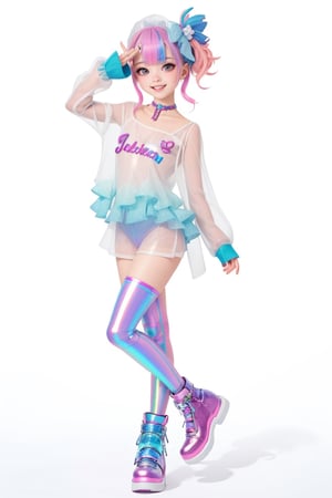 transparent color PVC clothing,transparent color vinyl clothing,prismatic,holographic,chromatic aberration,fashion illustration,masterpiece,girl with harajuku fashion,looking at viewer,8k,ultra detailed,pixiv,fullbody,smile,dance pose,chibi,little girl,cute